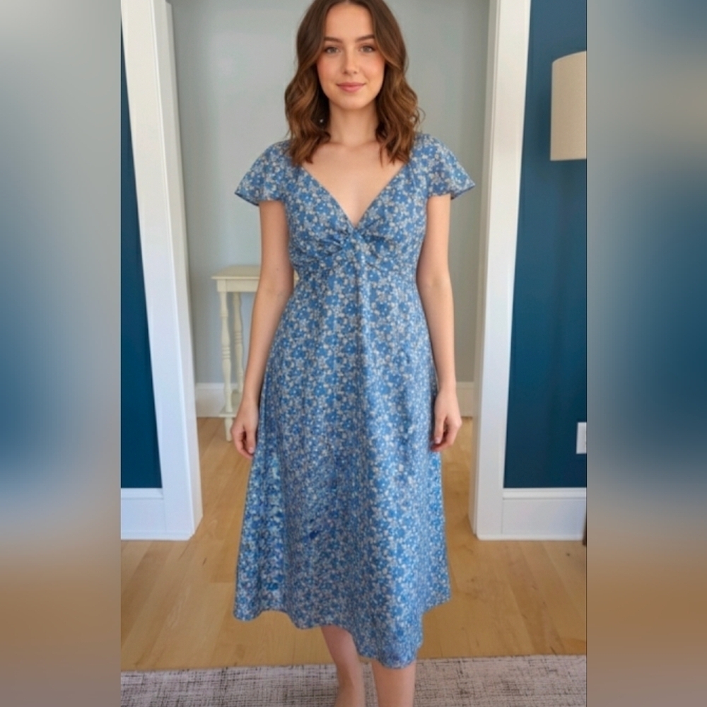 Oilily Silk Summer Floral 1940's Style Dress Size 42 US 12 Blue